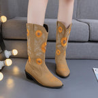 Chunky High-Heel Round-Toe Embroidered Martin Boots