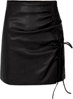 Solid Color Drawstring Tie Split High-Waist A-Line Bodycon PU Leather Mini Skirt
