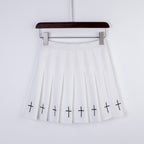 Hot High Waist Mini Black Skirts Streetwear Cross Print Pleated Women Skirt