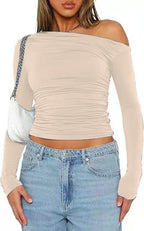 New INS Solid Color Asymmetrical Shoulder Long Sleeve Ruched Crop Top T-Shirt