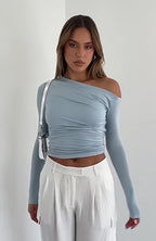 New INS Solid Color Asymmetrical Shoulder Long Sleeve Ruched Crop Top T-Shirt