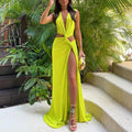 Cut-Out Knot V-Neck Sleeveless Pleated Asymmetrical Slit Dress