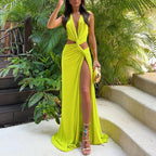 Cut-Out Knot V-Neck Sleeveless Pleated Asymmetrical Slit Dress