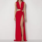 Cut-Out Knot V-Neck Sleeveless Pleated Asymmetrical Slit Dress
