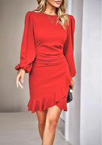Form-fitting long-sleeve off-shoulder short evening dress
