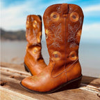 Chunky High-Heel Round-Toe Embroidered Martin Boots