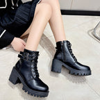 Round-Toe Mid-Heel Ankle Martin Boots with Side Zipper in Solid Color