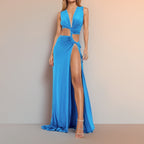 Cut-Out Knot V-Neck Sleeveless Pleated Asymmetrical Slit Dress