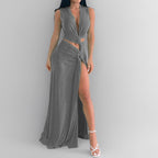 Cut-Out Knot V-Neck Sleeveless Pleated Asymmetrical Slit Dress