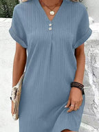 V-Neck Short Sleeve Solid Pullover Button Dress