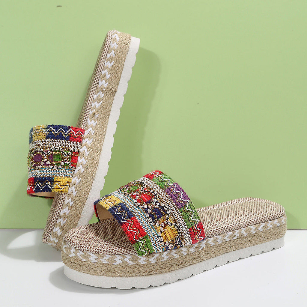 Peep-Toe Wedge Braided Jute Platform Comfortable Slip-On Sandals