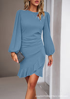 Form-fitting long-sleeve off-shoulder short evening dress