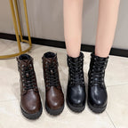 Round-Toe Mid-Heel Ankle Martin Boots with Side Zipper in Solid Color
