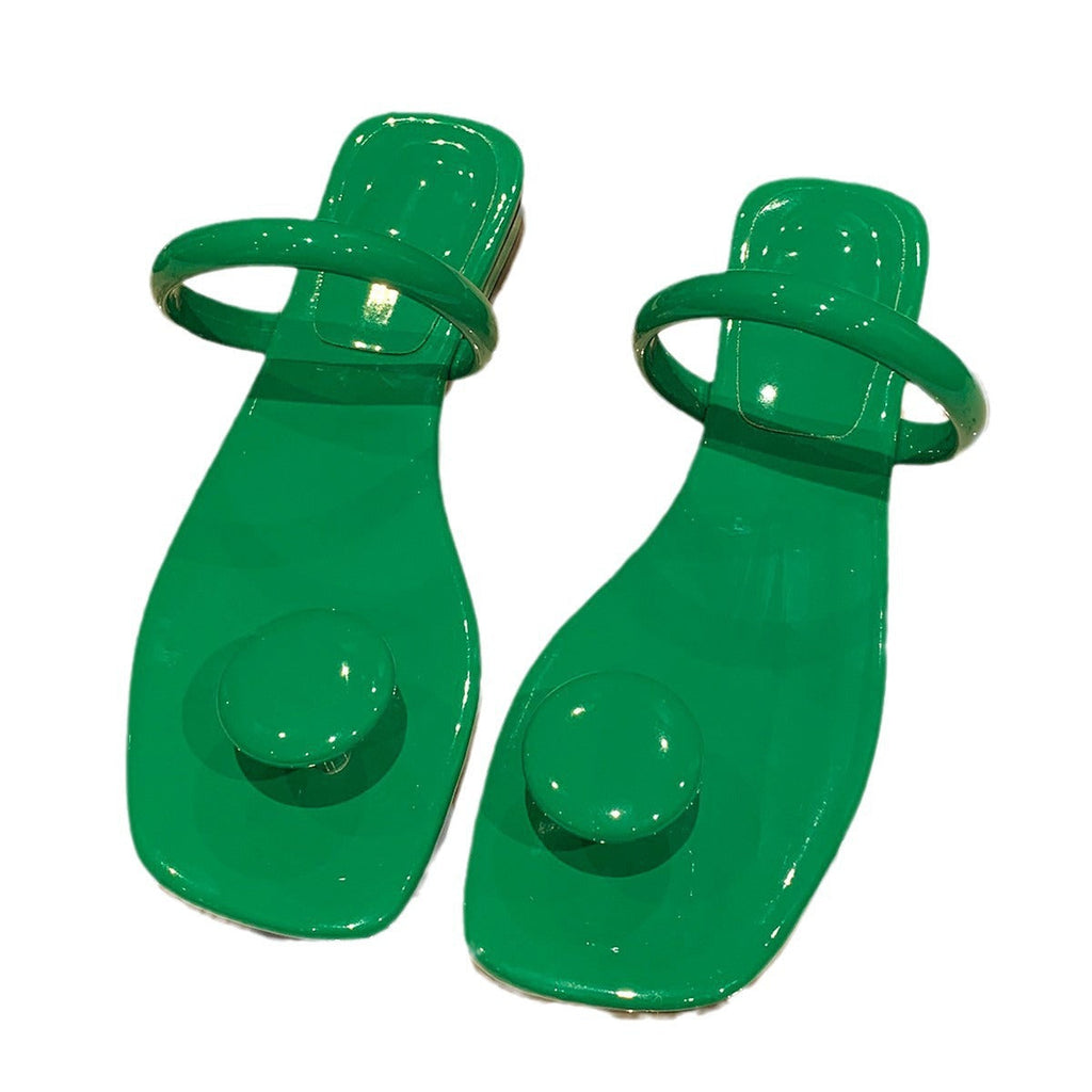 Square-Toe Toe-Loop Flat Slide Sandals