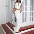 Cut-Out Knot V-Neck Sleeveless Pleated Asymmetrical Slit Dress