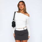 New INS Solid Color Asymmetrical Shoulder Long Sleeve Ruched Crop Top T-Shirt