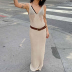 Hollow-Out Sheer Knit Spaghetti Strap V-Neck Sleeveless Backless Maxi Dress