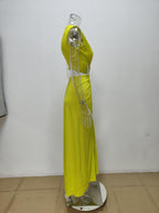 Cut-Out Knot V-Neck Sleeveless Pleated Asymmetrical Slit Dress