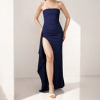 Strapless Sexy Backless High-Slit Solid Color Gown