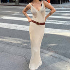 Hollow-Out Sheer Knit Spaghetti Strap V-Neck Sleeveless Backless Maxi Dress