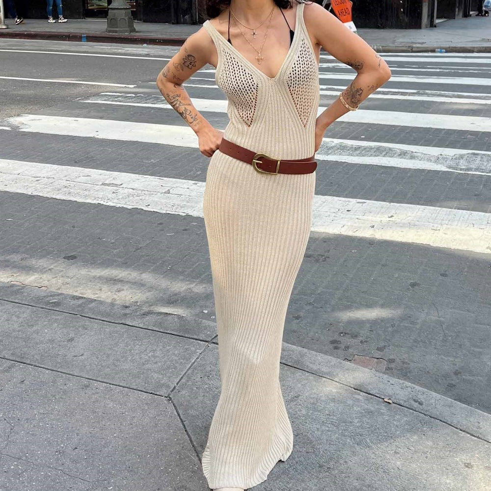 Hollow-Out Sheer Knit Spaghetti Strap V-Neck Sleeveless Backless Maxi Dress