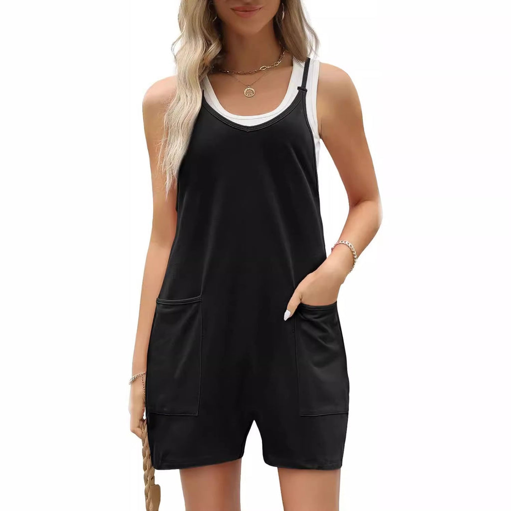 Women's Casual Sleeveless Loose Short Jumpsuit with Thin Straps