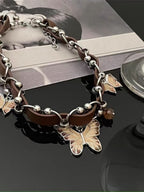 Vintage Coffee Enamel Butterfly Pendant Necklace – Statement Clavicle Chain