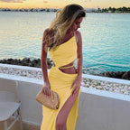 Asymmetrical Neck Spaghetti Strap Sexy Lace-Up Cutout Slit Maxi Dress