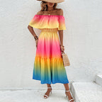 Rainbow Off-Shoulder Ruffled Shirred A-Line Mini Dress