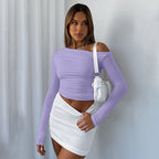 New INS Solid Color Asymmetrical Shoulder Long Sleeve Ruched Crop Top T-Shirt
