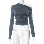 New INS Solid Color Asymmetrical Shoulder Long Sleeve Ruched Crop Top T-Shirt