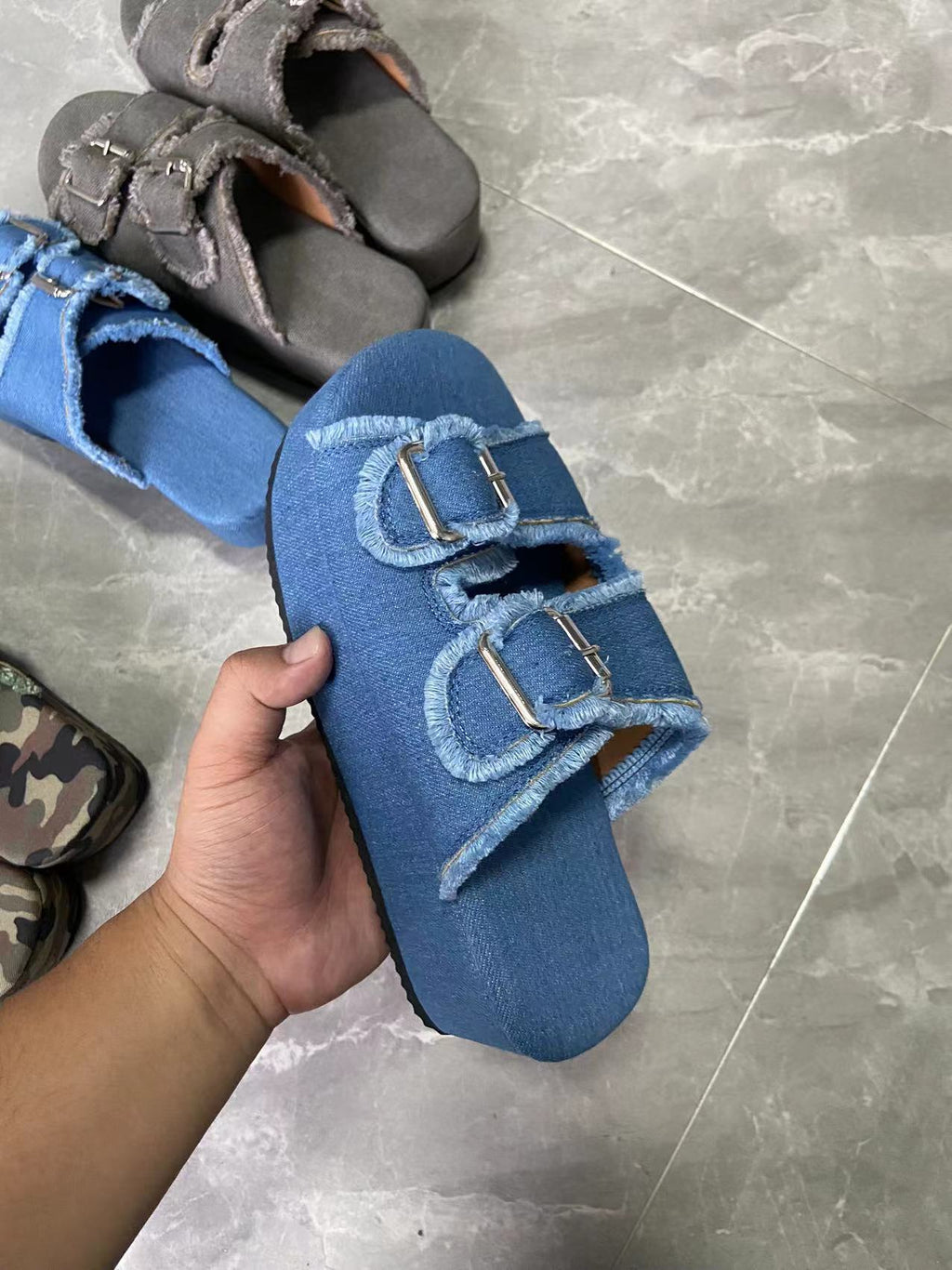 Platform Slip-On Denim Mules with Wedge Heel and Buckle Strap