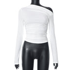 New INS Solid Color Asymmetrical Shoulder Long Sleeve Ruched Crop Top T-Shirt