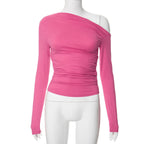 New INS Solid Color Asymmetrical Shoulder Long Sleeve Ruched Crop Top T-Shirt