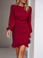 Form-fitting long-sleeve off-shoulder short evening dress