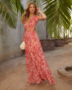 V-Neck Floral Print Cut-Out Slit Dress