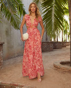 V-Neck Floral Print Cut-Out Slit Dress